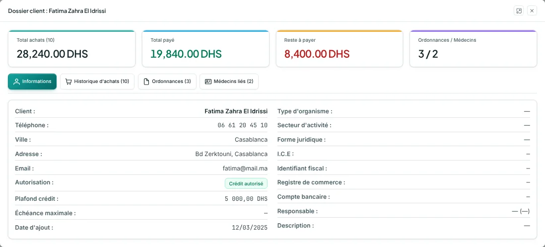 Dossier client : total des achats 28 240 DHS, total payé 19 840 DHS, reste à payer 8 400 DHS, plafond de crédit 5 000 DHS.